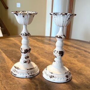 Rustic White Metal Flower Candle Holders Set of 2